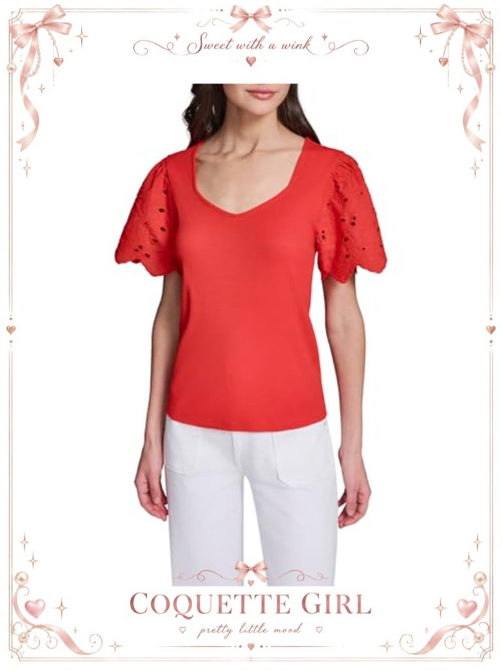 Karl Lagerfeld Women's Eyelet Sleeves Dainty Blouse